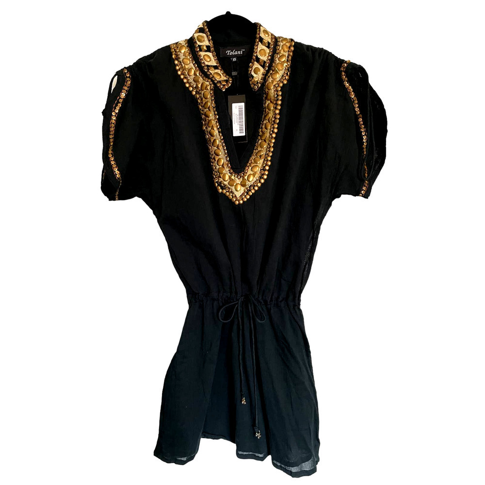 NWT Tolani Womens Beaded Tunic Cover-Up Short Sleeve Size XS Black/Gold